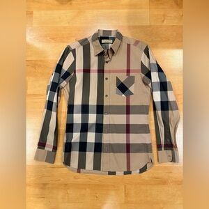 Burberry Men's Plaid Shirt - Tan, Black, and Red